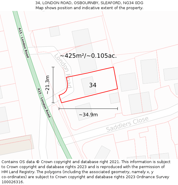 34, LONDON ROAD, OSBOURNBY, SLEAFORD, NG34 0DG: Plot and title map