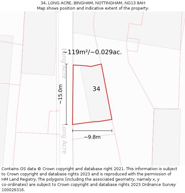 34, LONG ACRE, BINGHAM, NOTTINGHAM, NG13 8AH: Plot and title map