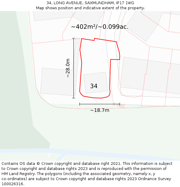 34, LONG AVENUE, SAXMUNDHAM, IP17 1WG: Plot and title map