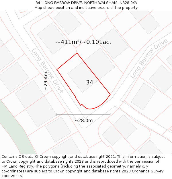 34, LONG BARROW DRIVE, NORTH WALSHAM, NR28 9YA: Plot and title map