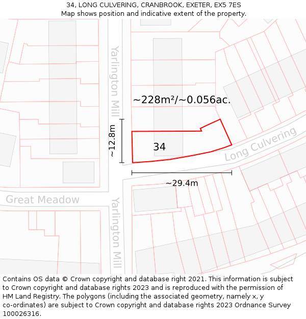 34, LONG CULVERING, CRANBROOK, EXETER, EX5 7ES: Plot and title map