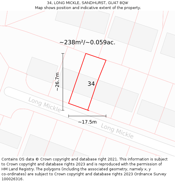 34, LONG MICKLE, SANDHURST, GU47 8QW: Plot and title map