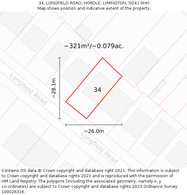 34, LONGFIELD ROAD, HORDLE, LYMINGTON, SO41 0HH: Plot and title map