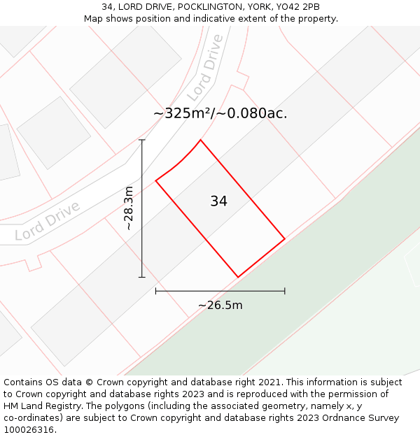 34, LORD DRIVE, POCKLINGTON, YORK, YO42 2PB: Plot and title map