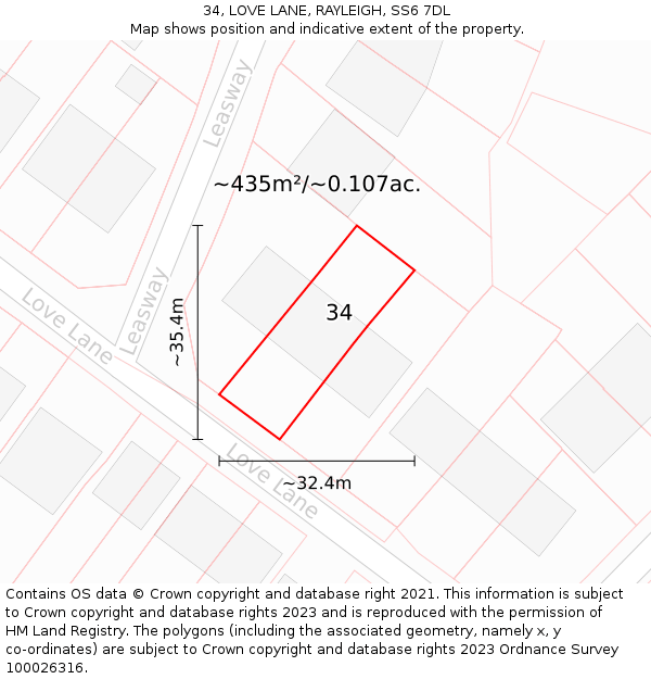 34, LOVE LANE, RAYLEIGH, SS6 7DL: Plot and title map