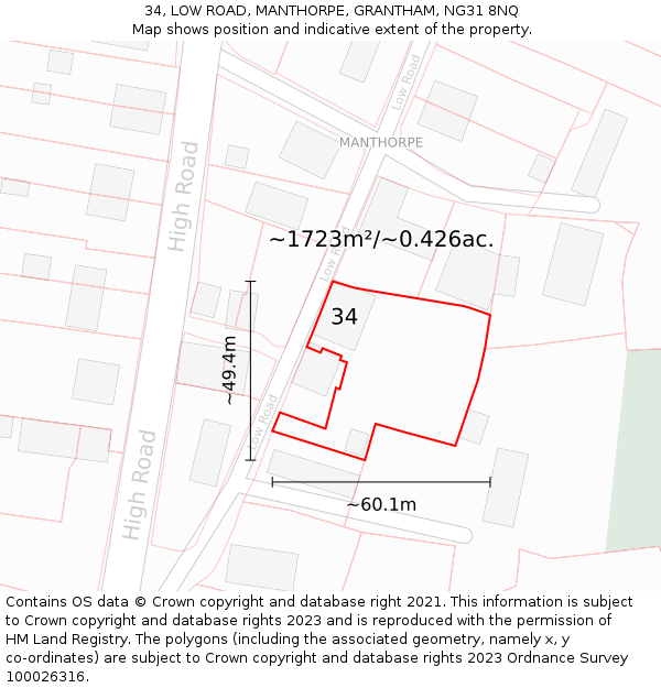 34, LOW ROAD, MANTHORPE, GRANTHAM, NG31 8NQ: Plot and title map