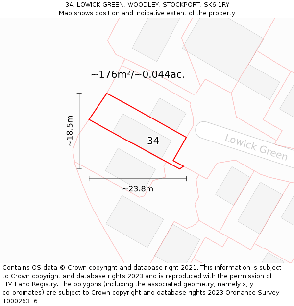 34, LOWICK GREEN, WOODLEY, STOCKPORT, SK6 1RY: Plot and title map