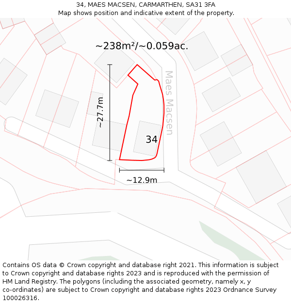 34, MAES MACSEN, CARMARTHEN, SA31 3FA: Plot and title map