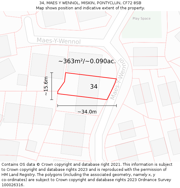 34, MAES Y WENNOL, MISKIN, PONTYCLUN, CF72 8SB: Plot and title map