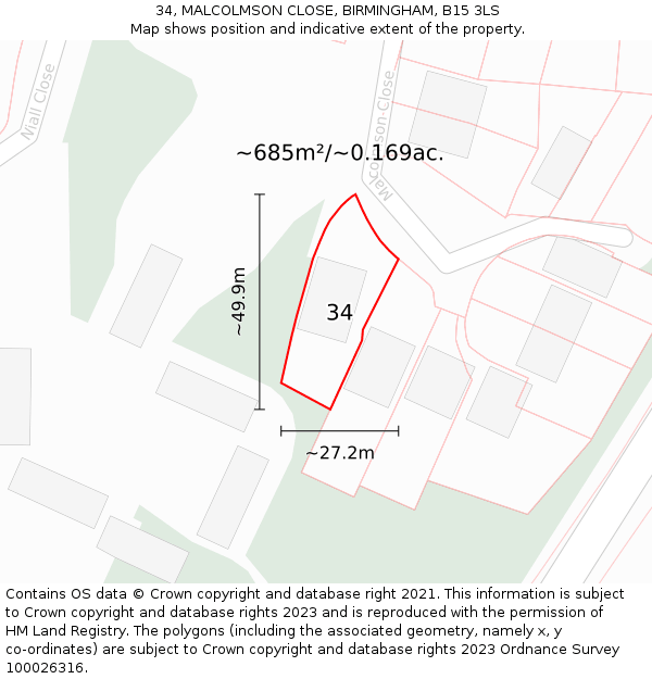 34, MALCOLMSON CLOSE, BIRMINGHAM, B15 3LS: Plot and title map