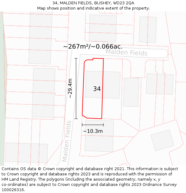 34, MALDEN FIELDS, BUSHEY, WD23 2QA: Plot and title map