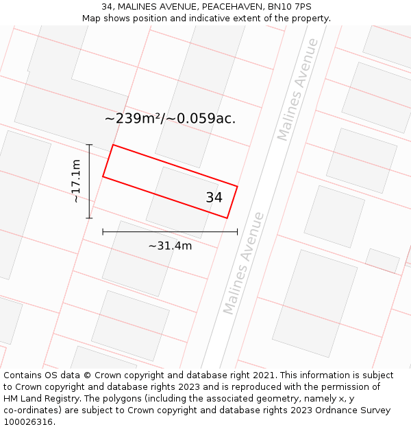 34, MALINES AVENUE, PEACEHAVEN, BN10 7PS: Plot and title map