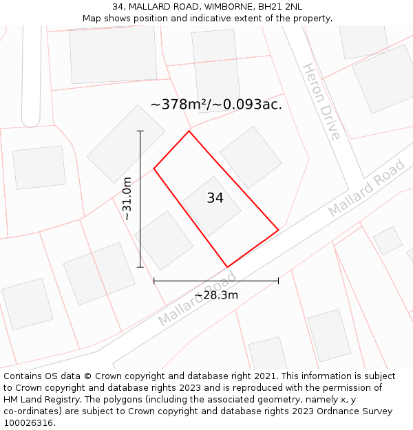 34, MALLARD ROAD, WIMBORNE, BH21 2NL: Plot and title map