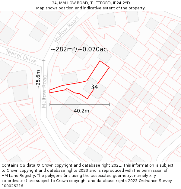 34, MALLOW ROAD, THETFORD, IP24 2YD: Plot and title map