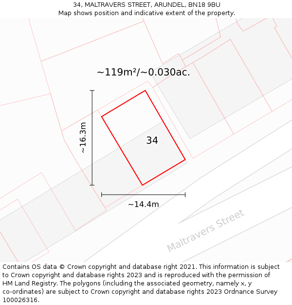 34, MALTRAVERS STREET, ARUNDEL, BN18 9BU: Plot and title map