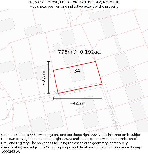 34, MANOR CLOSE, EDWALTON, NOTTINGHAM, NG12 4BH: Plot and title map