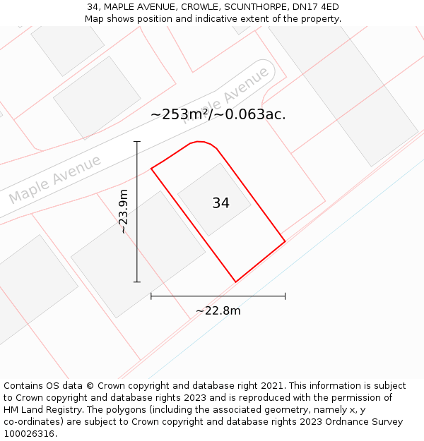 34, MAPLE AVENUE, CROWLE, SCUNTHORPE, DN17 4ED: Plot and title map