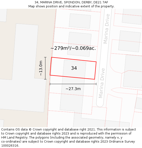 34, MARINA DRIVE, SPONDON, DERBY, DE21 7AF: Plot and title map