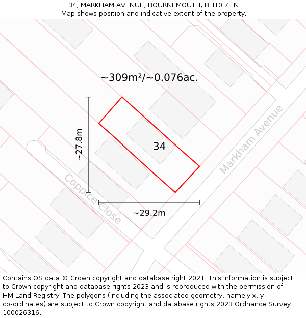 34, MARKHAM AVENUE, BOURNEMOUTH, BH10 7HN: Plot and title map