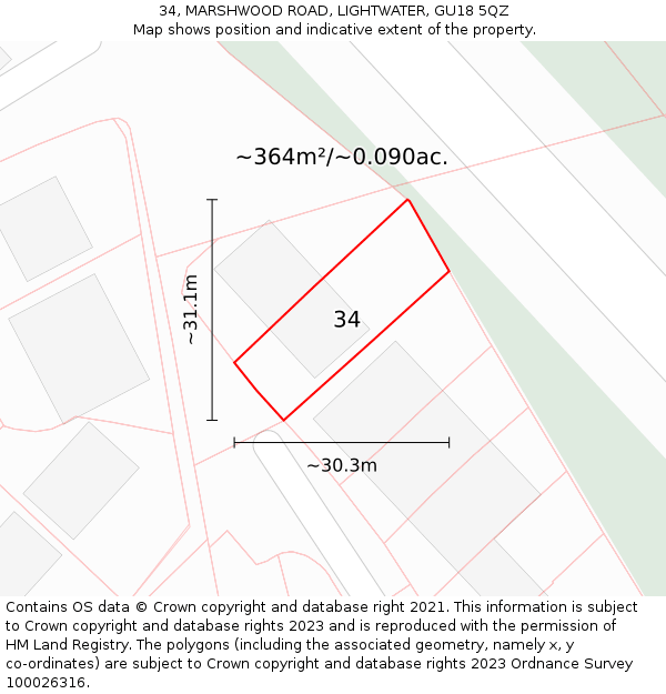 34, MARSHWOOD ROAD, LIGHTWATER, GU18 5QZ: Plot and title map