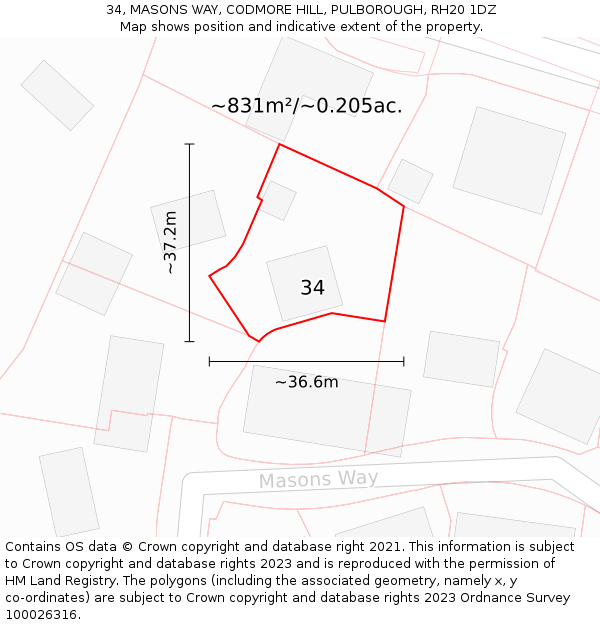 34, MASONS WAY, CODMORE HILL, PULBOROUGH, RH20 1DZ: Plot and title map