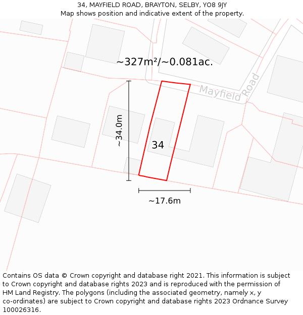 34, MAYFIELD ROAD, BRAYTON, SELBY, YO8 9JY: Plot and title map