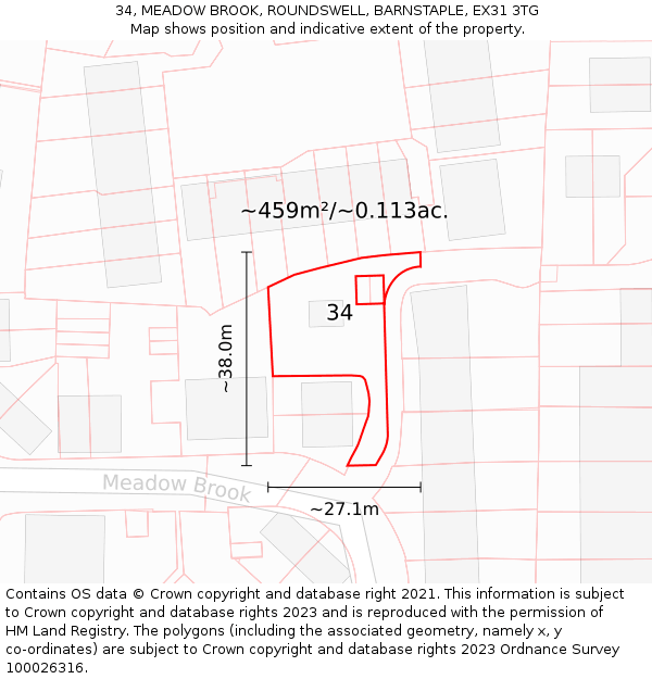 34, MEADOW BROOK, ROUNDSWELL, BARNSTAPLE, EX31 3TG: Plot and title map