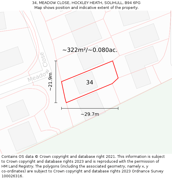 34, MEADOW CLOSE, HOCKLEY HEATH, SOLIHULL, B94 6PG: Plot and title map