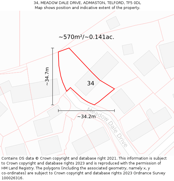 34, MEADOW DALE DRIVE, ADMASTON, TELFORD, TF5 0DL: Plot and title map