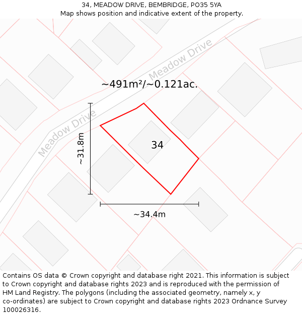 34, MEADOW DRIVE, BEMBRIDGE, PO35 5YA: Plot and title map