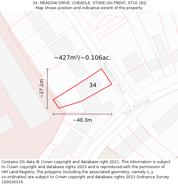 34, MEADOW DRIVE, CHEADLE, STOKE-ON-TRENT, ST10 1EQ: Plot and title map