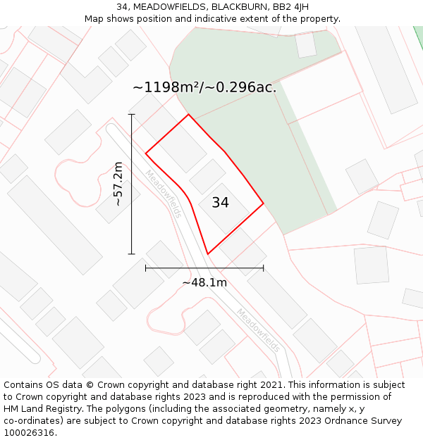 34, MEADOWFIELDS, BLACKBURN, BB2 4JH: Plot and title map