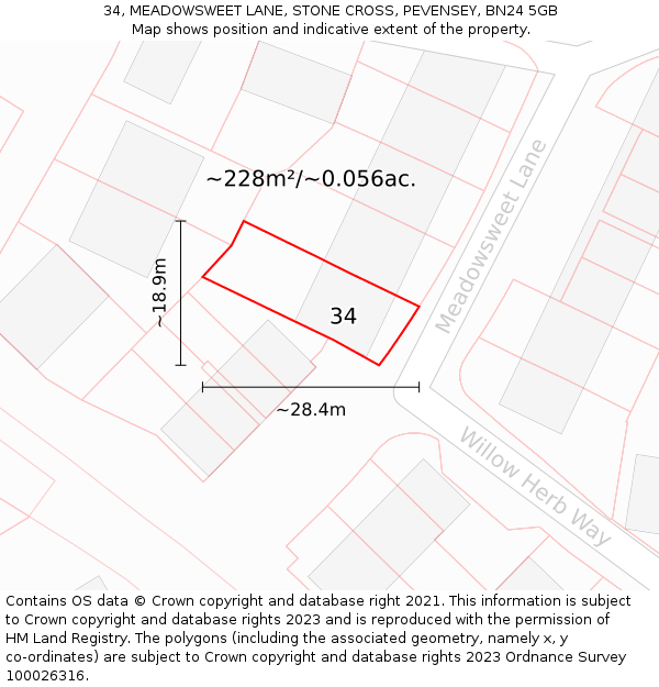 34, MEADOWSWEET LANE, STONE CROSS, PEVENSEY, BN24 5GB: Plot and title map