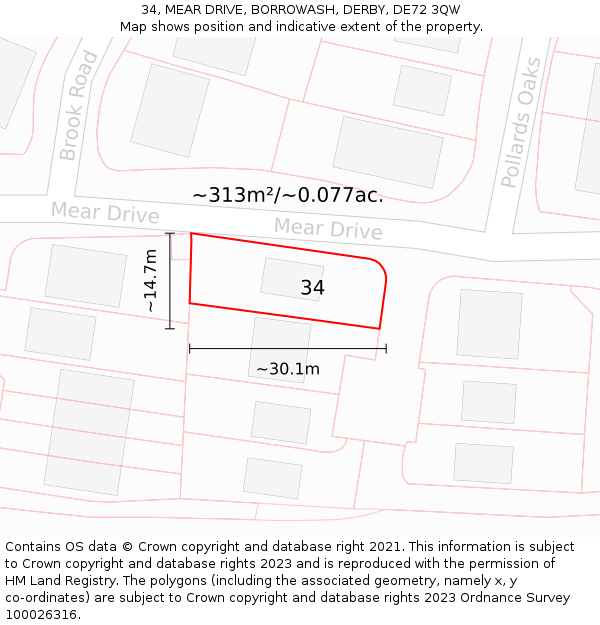 34, MEAR DRIVE, BORROWASH, DERBY, DE72 3QW: Plot and title map