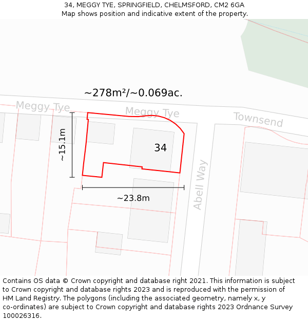 34, MEGGY TYE, SPRINGFIELD, CHELMSFORD, CM2 6GA: Plot and title map