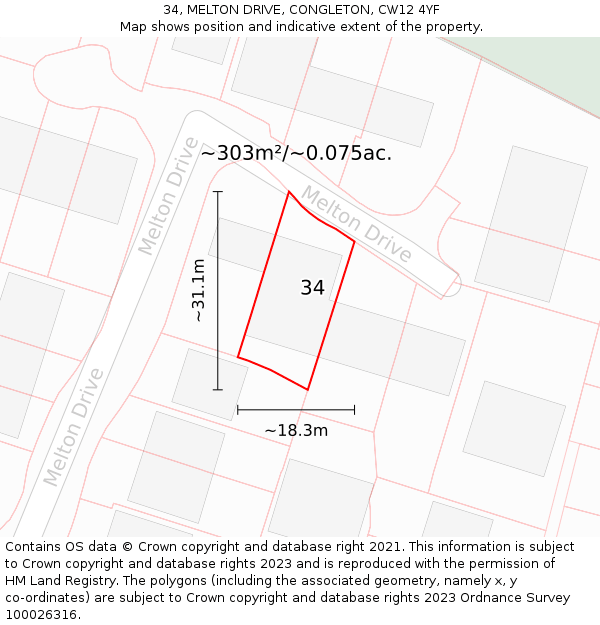 34, MELTON DRIVE, CONGLETON, CW12 4YF: Plot and title map