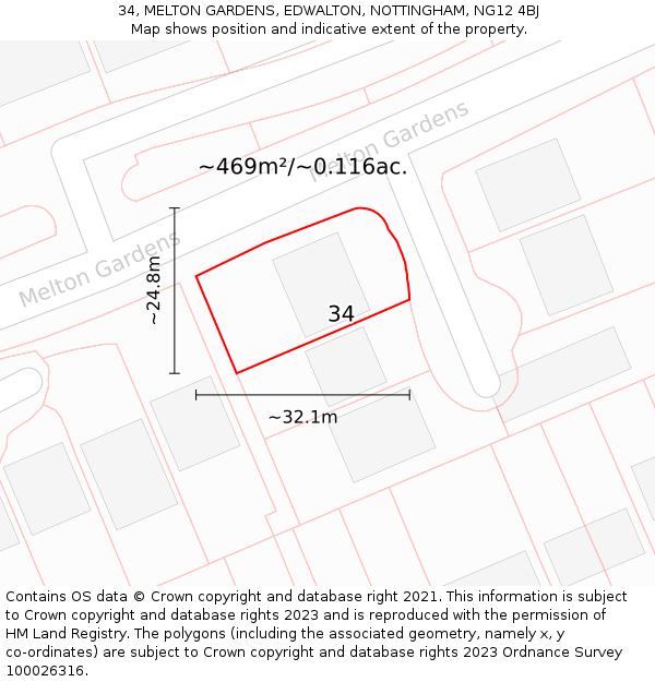 34, MELTON GARDENS, EDWALTON, NOTTINGHAM, NG12 4BJ: Plot and title map