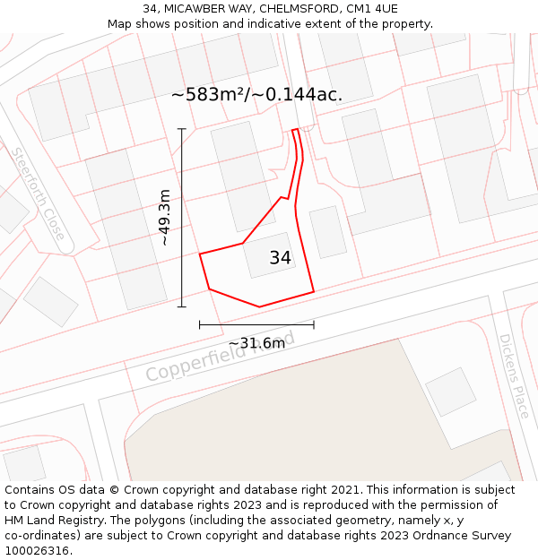 34, MICAWBER WAY, CHELMSFORD, CM1 4UE: Plot and title map