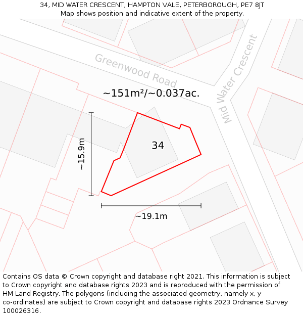 34, MID WATER CRESCENT, HAMPTON VALE, PETERBOROUGH, PE7 8JT: Plot and title map