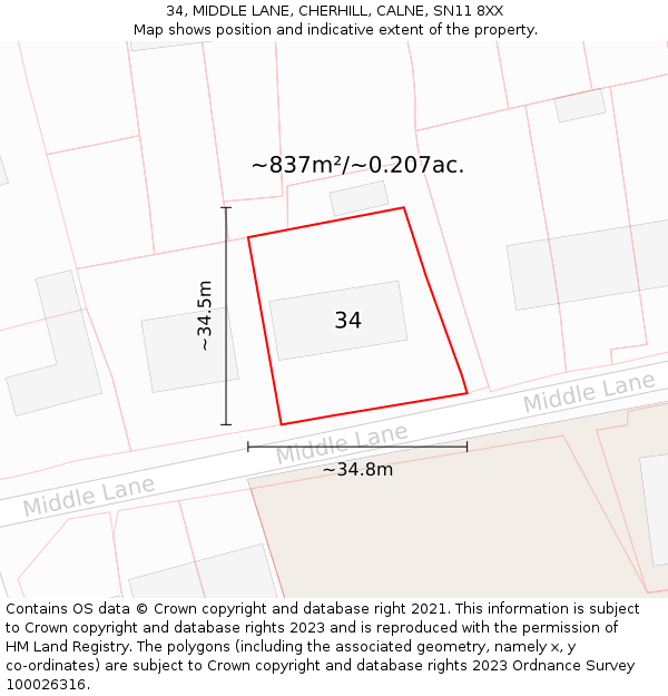 34, MIDDLE LANE, CHERHILL, CALNE, SN11 8XX: Plot and title map