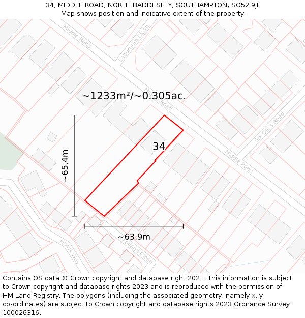 34, MIDDLE ROAD, NORTH BADDESLEY, SOUTHAMPTON, SO52 9JE: Plot and title map