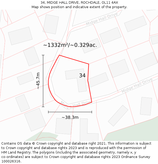 34, MIDGE HALL DRIVE, ROCHDALE, OL11 4AX: Plot and title map