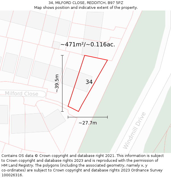 34, MILFORD CLOSE, REDDITCH, B97 5PZ: Plot and title map