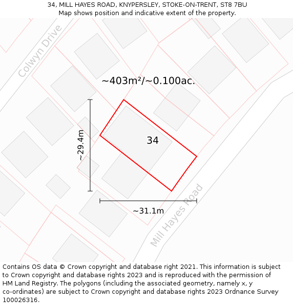 34, MILL HAYES ROAD, KNYPERSLEY, STOKE-ON-TRENT, ST8 7BU: Plot and title map