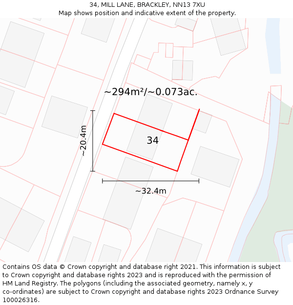 34, MILL LANE, BRACKLEY, NN13 7XU: Plot and title map