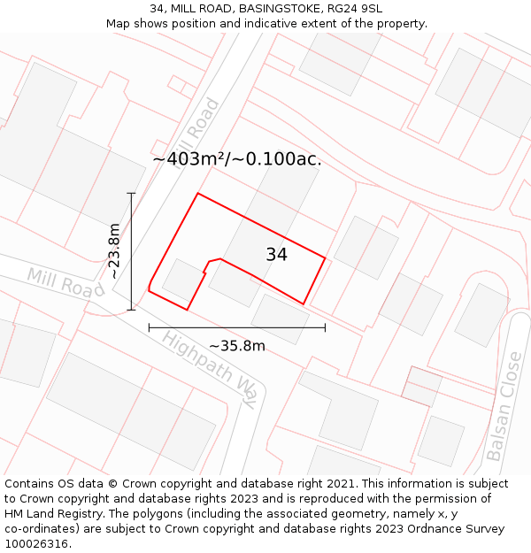 34, MILL ROAD, BASINGSTOKE, RG24 9SL: Plot and title map