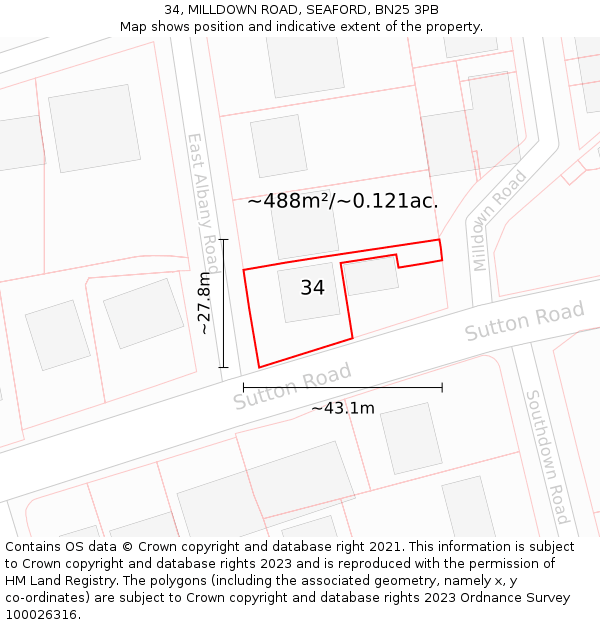 34, MILLDOWN ROAD, SEAFORD, BN25 3PB: Plot and title map