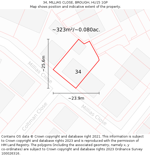 34, MILLIAS CLOSE, BROUGH, HU15 1GP: Plot and title map