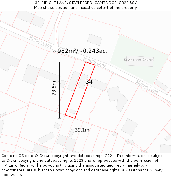 34, MINGLE LANE, STAPLEFORD, CAMBRIDGE, CB22 5SY: Plot and title map