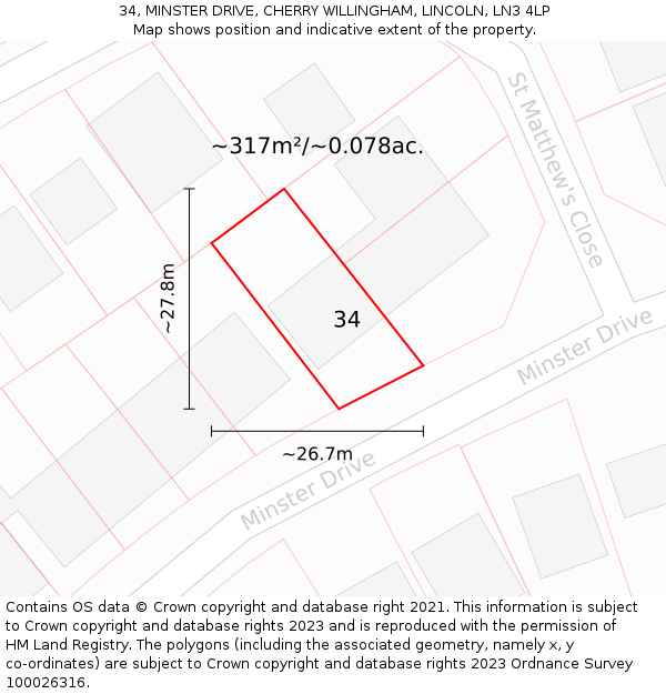 34, MINSTER DRIVE, CHERRY WILLINGHAM, LINCOLN, LN3 4LP: Plot and title map